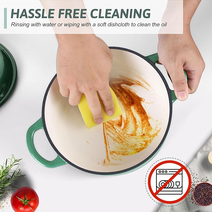 TeamFar Enameled Cast Iron Dutch Oven - 3QT Small Dutch Oven Pot with Lid - Heavy Duty Cast Iron Pot Cookware for Bread Baking, Braising, Stewing, Roasting, Basil Green