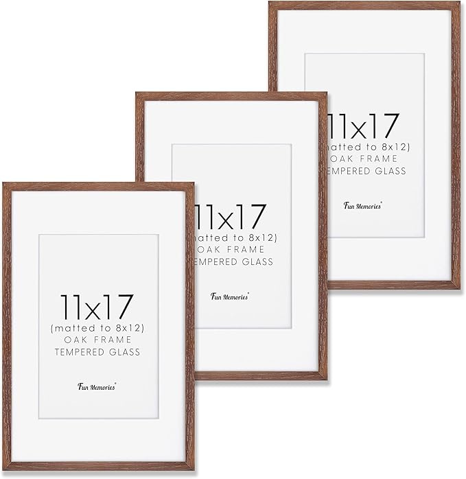 Fun Memories 11x17 Picture Frame Set of 3, Solid Oak Wood 11 x 17 Frames with Tempered Glass, 11x17 Frame Matted to 8x12, Rustic Wooden 11 by 17 Poster Frames for Wall