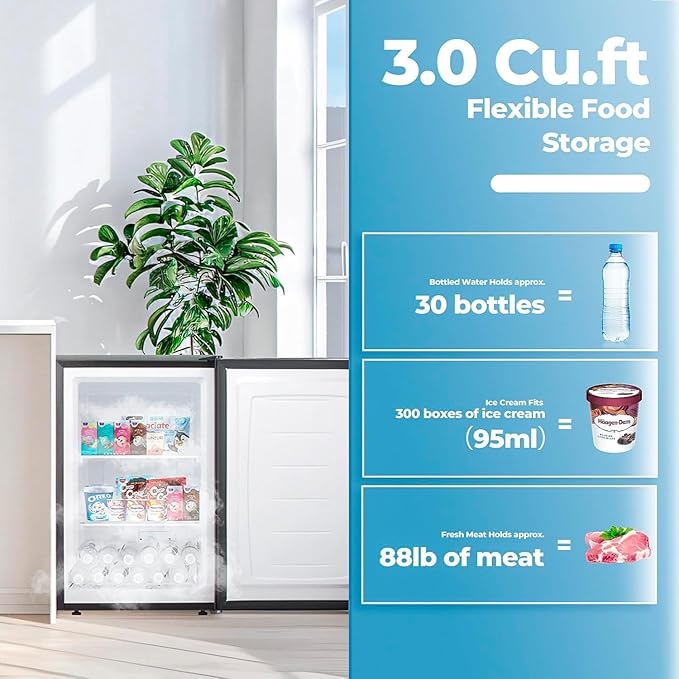3.0 Cu.ft Small Freezer, Mini Upright Freezer with 7 Adjustable Thermostat, Removable Shelves, Reversible Single Door, for Bedroom/Home/Dorms/Apartment (Black)