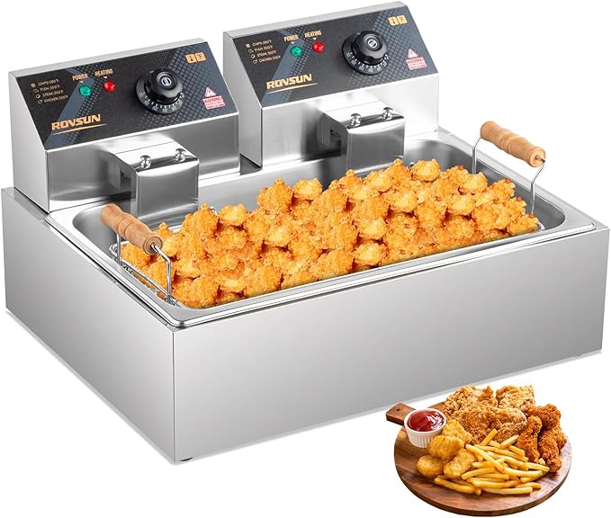 ROVSUN 23.8Qt Commercial Deep Fryer Countertop, Electric Deep Fryer with Basket, Lid & Adjustable Temp, Stainless Steel Kitchen Fat Fryer Frying Machine for French Fries Turkey Onion Rings 5000W