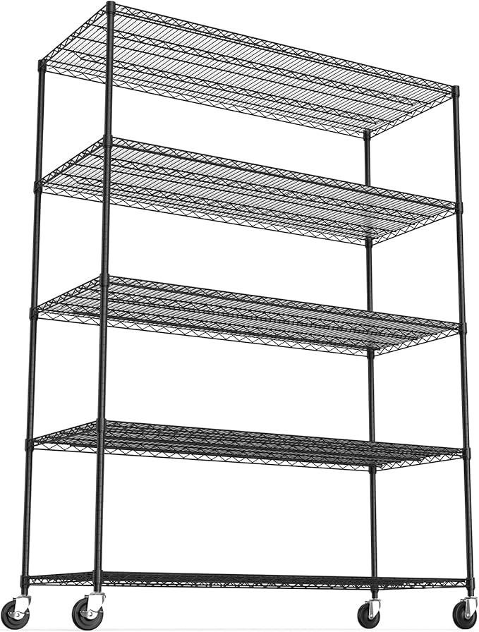 5 Tier 7500lbs Capacity NSF Metal Shelf Wire Shelving Unit, Heavy Duty Adjustable Storage Rack with Wheels & Shelf Liners for Commercial Grade Utility Steel Storage Rack, Black - 82"H x 60"L x 24"D