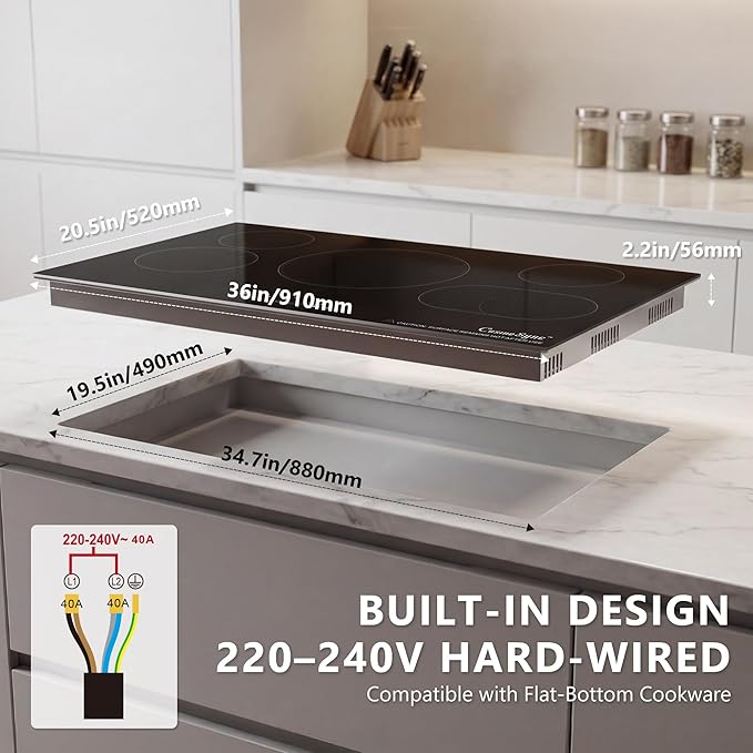 36″ Built-In Electric Cooktop – 5 Burner Ceramic Glass Stove, 9200W High Power, Precise Touch Control, 9 Heat Levels, Child Lock, Timer & Residual Heat Indicator, 220–240V Hard-Wired