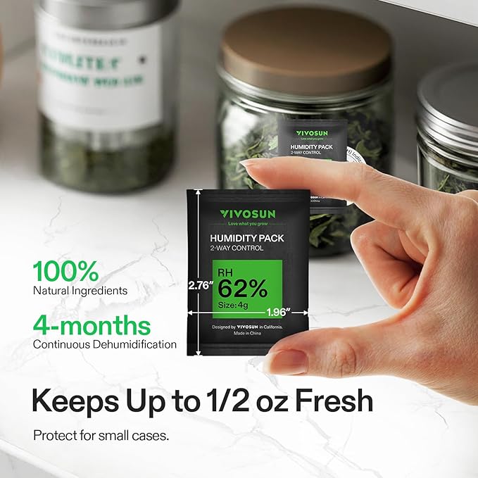 VIVOSUN 62% RH Two-Way Humidity Control Packs, Size 4 g, 10 Packs for Storing 1/2 oz, Moisture Balancer with RH Indicator Card for Food & Herb Storage