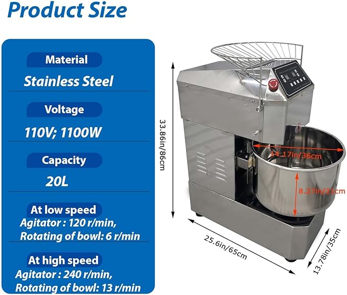 20QT Commercial Stand Dough Mixer Double Action Fast and Slow Speed Spiral Electric Flour Mixing Machine for Professional Bread Making Kneading Machine with Speed Time Control 20L 1100W