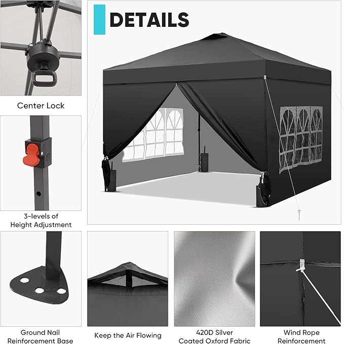 Saemoza 12x12 Pop Up Canopy Tent with One Push Setup, Portable Sun Shade Tent, Instant Easy Up Canopy with 4-Sidewalls & Wheeled Bag, Outdoor Fldable Gazebo with Vent Top, Black.