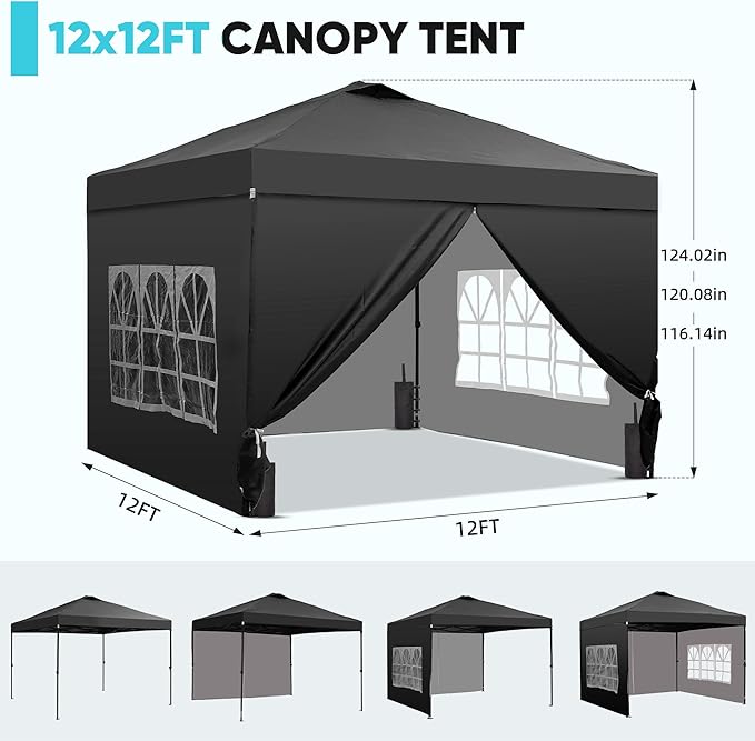 Saemoza 12x12 Pop Up Canopy Tent with One Push Setup, Portable Sun Shade Tent, Instant Easy Up Canopy with 4-Sidewalls & Wheeled Bag, Outdoor Fldable Gazebo with Vent Top, Black.
