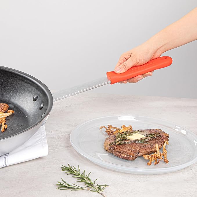 Restaurantware Silicone Hot Handle Holder - Met Lux Heat Resistant Fry Pan Sleeve, Dishwasher Safe - Non-Slip Pat Holder Sleeve Fits 10 inch &12 inch Aluminum Pans, Red