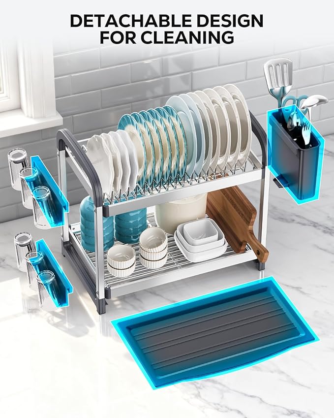 Nieifi 2-Tier Dish Drying Rack, Large Stainless Steel and Aluminum Kitchen Organizer