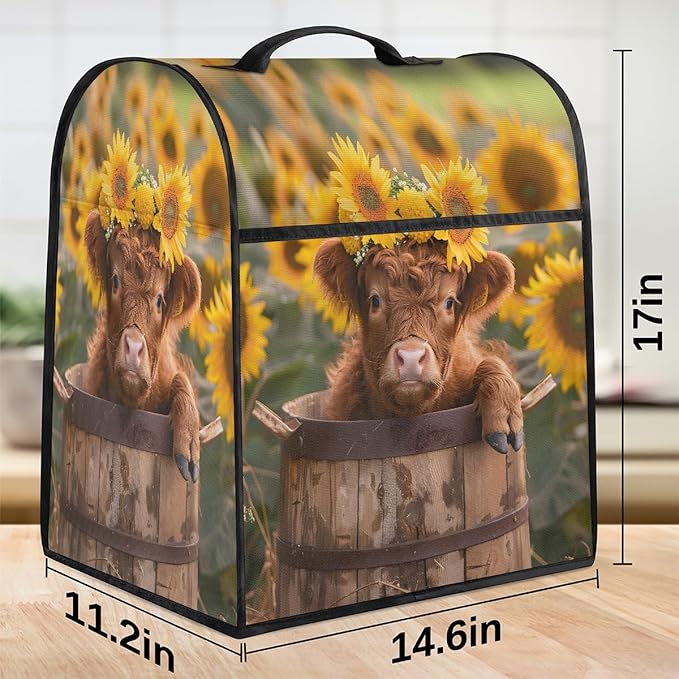 Kitchen Aid Mixer Cover Sunflowers Cute Highland Cow Stand Mixer Cover Compatible with 6-8 Quarts Stand Mixers, Dust Covers with Zipper Pocket Foldable Washable Kitchen Aid Organizer Bag