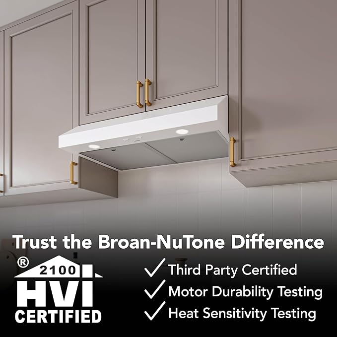 Broan-NuTone 30-Inch White Under Cabinet Range Hood Traditional Design w/Quiet Power at 350 CFM, 1.5 Sones for Powerful Kitchen Ventilation