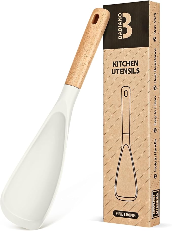 Cooking Spoon for Nonstick Cookwares, Great for Cooking and Serving Sturdy BPA-Free Matte Silicone, Wood Handle Spoon for Mixing, Scoop, and Scrape (WHITE, 11.4 inch)