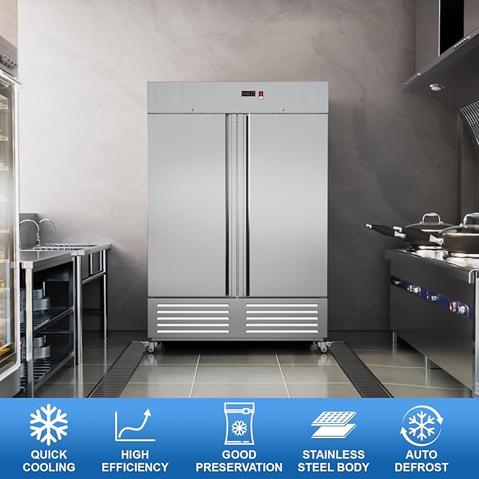 54"W 2 Door Commercial Freezer Stainless Steel 49 Cu.ft Freezers for Restaurant, Bar, Shop etc
