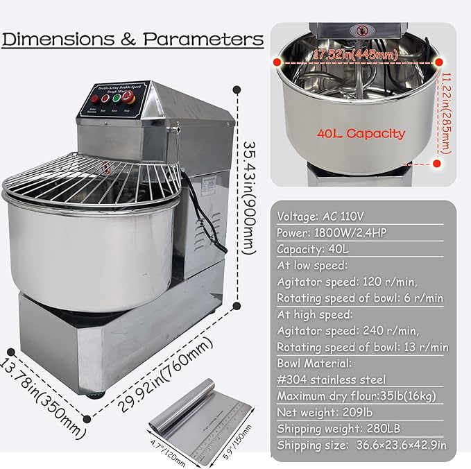 INTSUPERMAI Commercial Dough Mixer Machine Electric Food Mixer with Double Action Double Speed Spiral Mixing for Schools Bakeries Restaurants Pizzerias 110V (Standard Type, 40L)