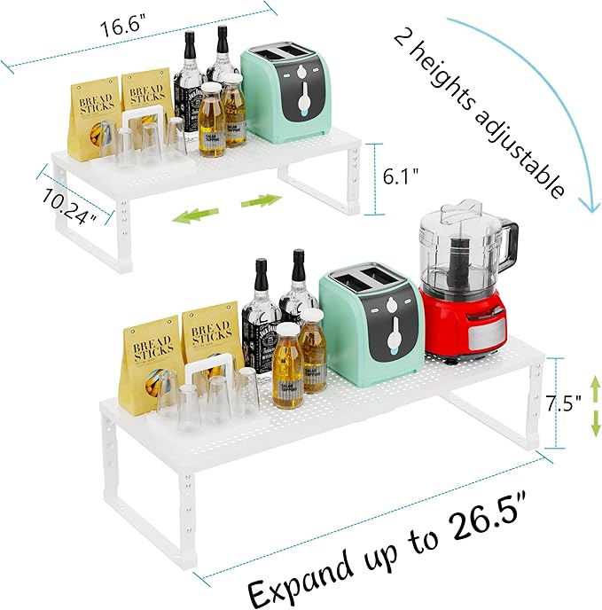 Expandable Adjustable Stackable Kitchen Organizer, Spice Rack,Metal Pantry Storage Shelves Racks,Counter Shelf for Cabinets, Countertop, Cupboard(2 Packs/Large/White)