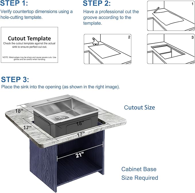 Scamall 18x18x10 Drop In Kitchen Sink Workstation, Brushed Silver 304 Stainless Steel Deep Single Bowl with Quick Drainage & Tarnish-Free Surface for Bar, Laundry, RV, Includes Accessories