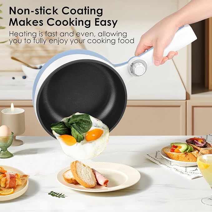 Audecook Hot Pot Electric, 1.7L Mini Electric Skillet Portable Nonstick Sauté Pan with Power Adjustment, Ramen Cooker Travel Multicooker for Steak/Soup/Egg/Oatmeal/Noodles (Tongs for Cooking Included)