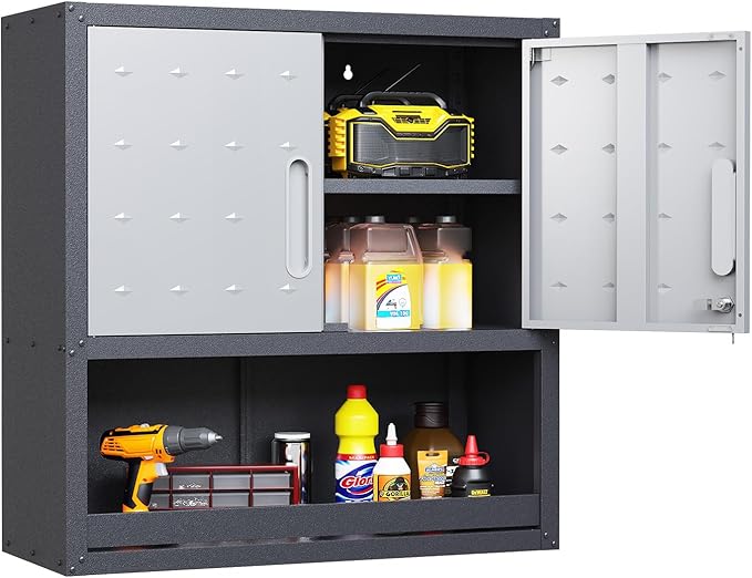 Garage Cabinet Wall Mounted with Doors and Opening Drawer, Heavy Duty Metal Garage Wall Cabinets Hanging Cabinets with Lock Tool Cabinet for Kitchen Warehouse, Assembly Required