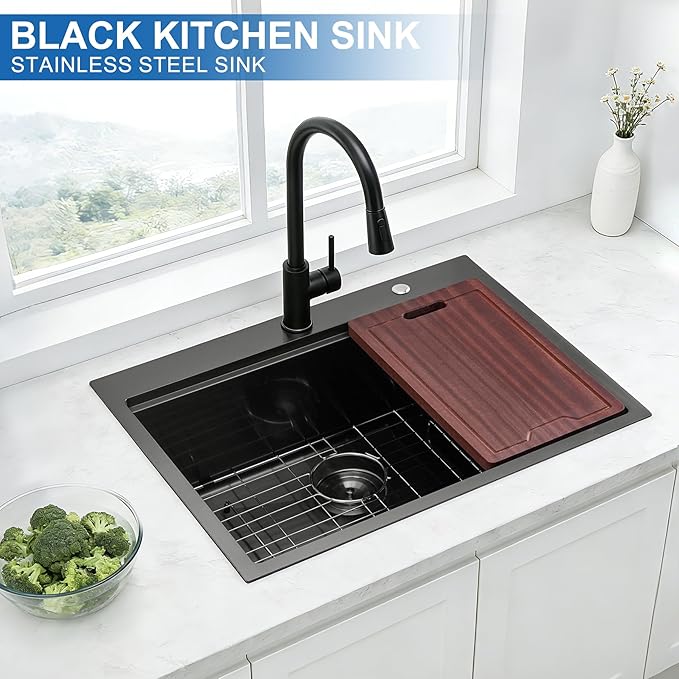 Scamall 28x22x10 Drop In Kitchen Sink Workstation, Nano Black 304 Stainless Steel Deep Single Bowl with Quick Drainage & Tarnish-Free Surface for Bar, Laundry, RV, Includes Accessories