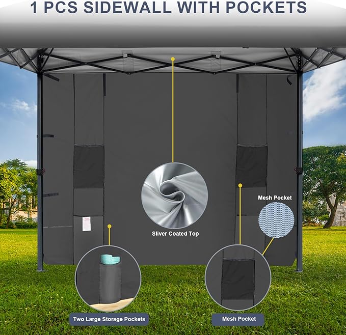 KAMPKEEPER 10x10 Easy Pop Up Canopy Tent with Sidewalls, Instant Outdoor Shade Shelter with Removable 10FT Sun Walls, Quick Setup Waterproof and UV-Resistant for Patio (Black, 1 sidewall)