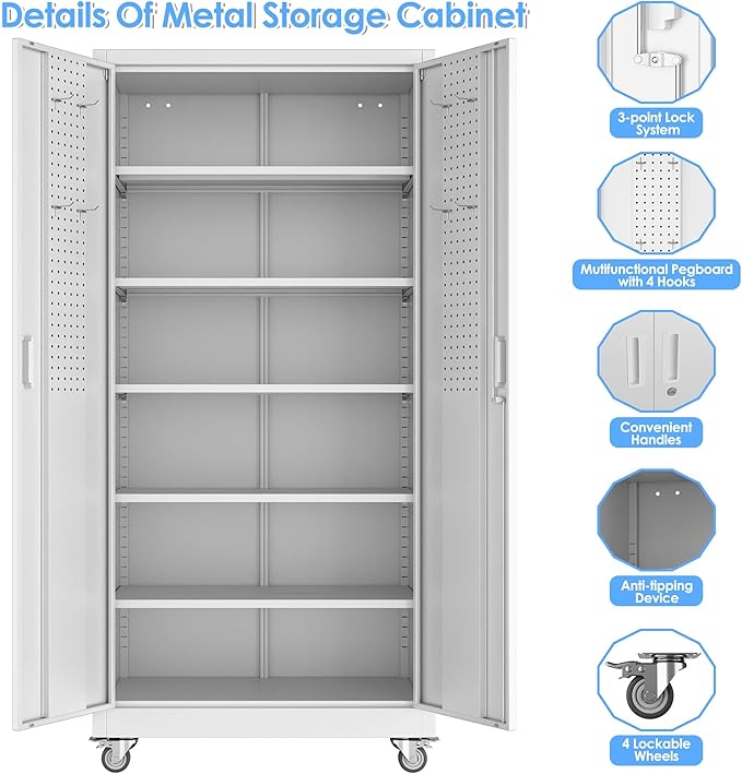 SUXXAN Garage Storage Cabinet with Pegboard and 5 Adjustable Shelves, 71'' x 32'' x 16''Metal Lockable Cabinet with Magnetic Doors,Tool Storage,Home Office Garage,Gym,School(White)