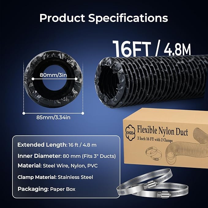 Diesel Heater Ducting 3inch 16FT, Nylon Flexible Duct Hose, Insulated Duct Vent Hose for Diesel Heater, 3D Printer, Dryer Vent, RV, Boat Blower, Ventilation Systems, Black