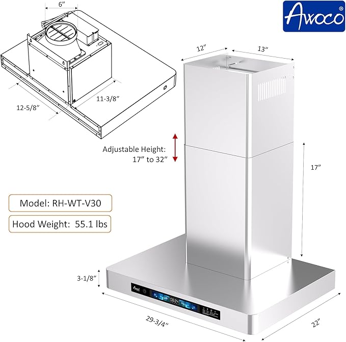 Awoco 30" Wall Mount Range Hood, T-Shape Kitchen Hood with 800 CFM, Voice, Gesture, Touch & Remote Controls, Stainless Steel, 6" Vent, Dimmable LED Lights, Baffle Filters, Adjustable Chimney