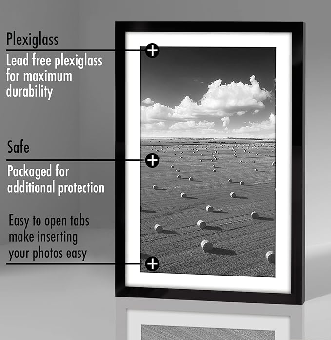 Americanflat 11x17 Picture Frame with Polished Plexiglass - Set of 5 - Use as 9x15 Frame with Mat or Display 11x17 Photo Without Mat - Galleria Collection - Picture Frames for Wall Display - Black