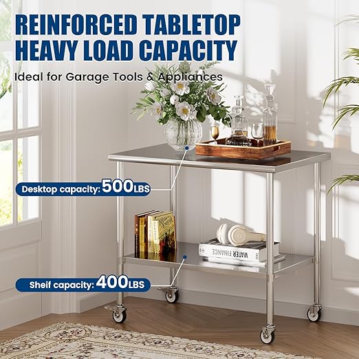 Stainless Steel Work Table with Wheels, 30x48 Inch NSF Kitchen Prep Table with Adjustable Undershelf for Commercial Restaurant, Garage, Outdoor BBQ
