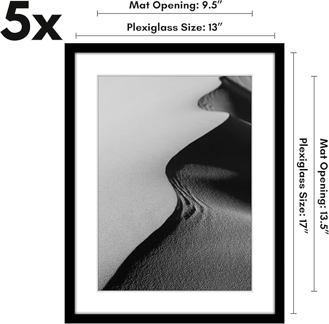 Americanflat 13x17 Picture Frame with Polished Plexiglass - Set of 5 - Use as 10x14 Frame with Mat or Display 13x17 Photo Without Mat - Galleria Collection - Picture Frames for Wall Display - Black
