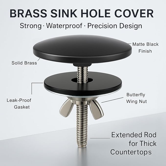 2 Pcs Solid Brass Kitchen Sink Hole Cover, 2 Inch Faucet Hole Cover, Matte Black Finish Tap Hole Plate Stopper Cover, Countertop Hole Cover for Kitchen and Bathroom Sinks (Matte Black)