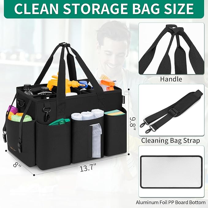 Wearable Cleaning Caddy Bag for Cleaning Supplies, Large Capacity Cleaning Organizer Tote Bag Simple Kitchen Cleaning Supplies Storage Bag for Cleaners Housekeepers (Black)