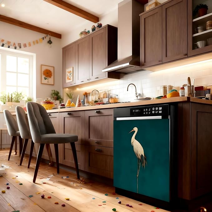 Dishwasher Magnet Cover, Creative Patterns Sticker, Dishwasher Magnetic Decoration, Refrigerator Protection Decoration, Crane, Kitchen Art Decoration 23x25.5 inches