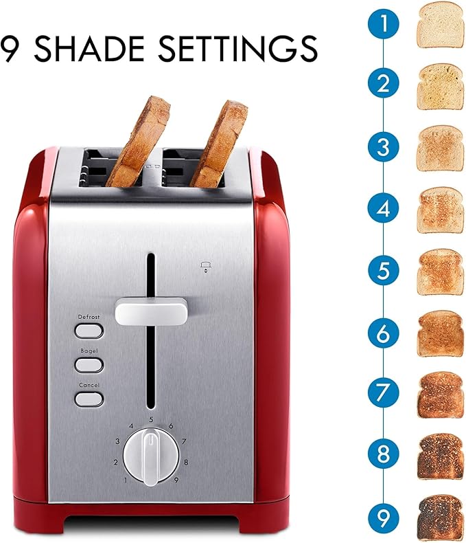 Koolatron Kenmore 2-Slice Toaster, Stainless Steel, Red and Silver, with Extra Wide Slots, Self-Adjusting Bread Guides, Defrost, Bagel and Removable Crumb Tray, Small (KKTS2SR AZ)