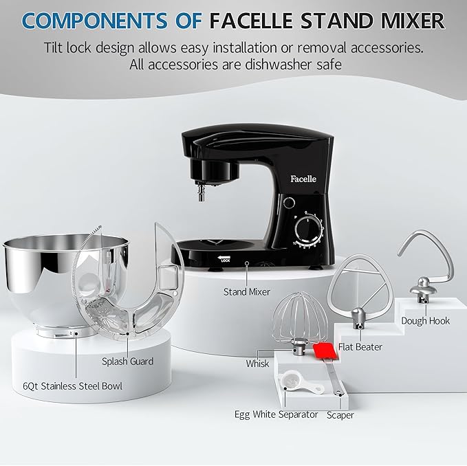 Facelle Stand Mixer, 10-Speed 6QT Kitchen Electric Mixer, Tilt-Head Food mixer with Beater, Dough Hook, Wire Whip and Egg Separator, scraper for Most Home Cooks (Black)