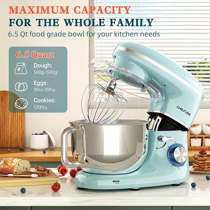 Stand Mixer,660W 6+P With 6.5QT Stainless Steel Bowl,Dough Hook, Wire Whip & Beater,for Most Home Cooks (Blue)