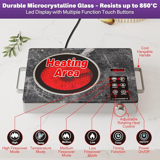 Portable Electric Stove 1800W, Single Burner Ceramic Hot Plate with Touch & Knob Control, Marble Glass Cooktop with Handles, Plug-in Infrared Cooktop for All Cookware