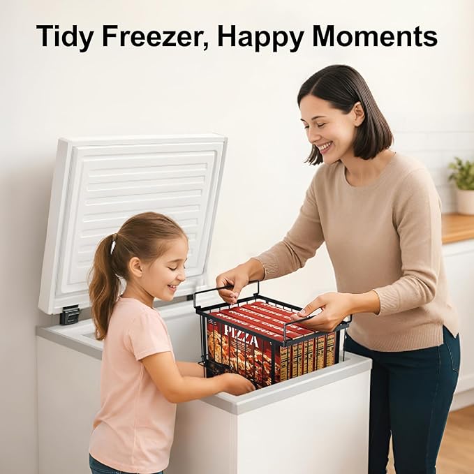iSPECLE Freezer Organizer Bins - 2 Pack Large Adjustable Deep Freezer Organizer Bins for 5 to 7 Cu.Ft Chest Freezer, Stackable No Wasted Space, Easily Access Pizza (≤12“) without Digging, Black
