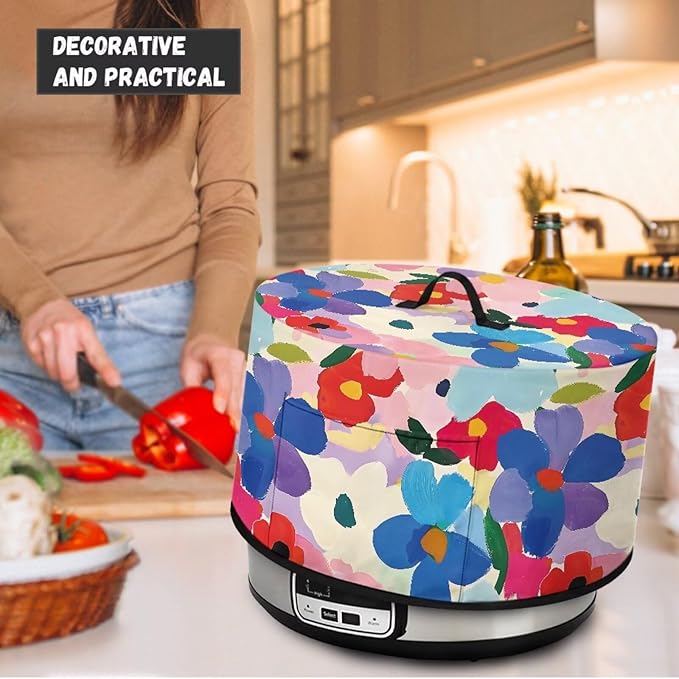 Colorful Floral Painting Print Slow Cooker Dust Cover with Side Pocket for Small Kitchen Appliance Dust Protection Kitchen Dust Cover Easy to Clean, 16 x 14 x 9.6 inch
