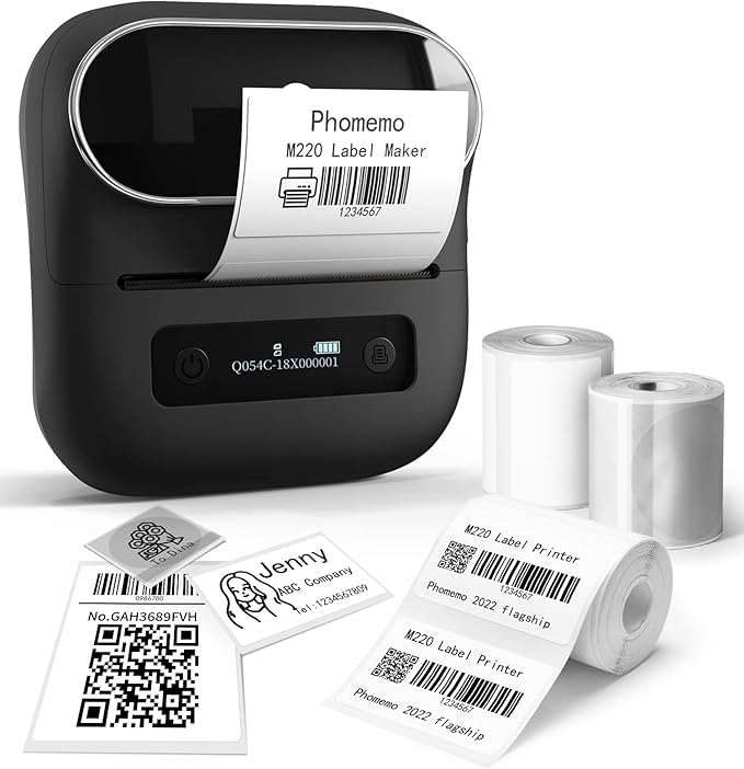 Phomemo M220 Bluetooth Label Maker - 3.14" Portable Thermal Printer with 3 Label, 2200mAh Battery, iOS/Android Compatible, for Small Business Home Office Organization & Barcodes