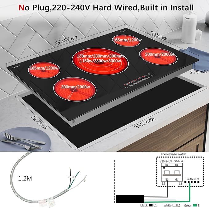 Karinear 36 Inch Electric Cooktop, 5 Burners Electric Stove Top, Built-in Glass Radiant Electric Ceramic Cooktop, Expandable Zones, Lock, Timer, Pause,9200W 220~240v Hardwired(No Plug)
