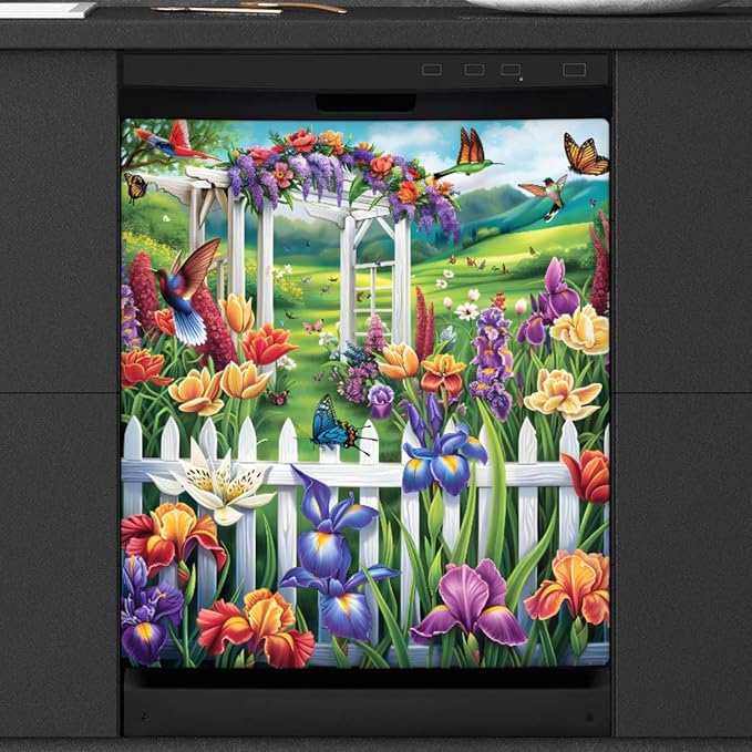 Garden Iris Bird Butterflies Dishwasher Magnet Cover, Reusable Refrigerator Panel Stickers Microwave Front Door Covers Magnets for Kitchen Home Appliances Holiday Party Decorations 23 X 26 in