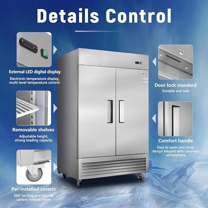 JINSONG 54" Commercial Refrigerator with 2 Solid Door, 49 cu.ft Stainless Steel Reach-in Refrigerator, commercial fridge for Restaurant, Bar, Shop, Residential