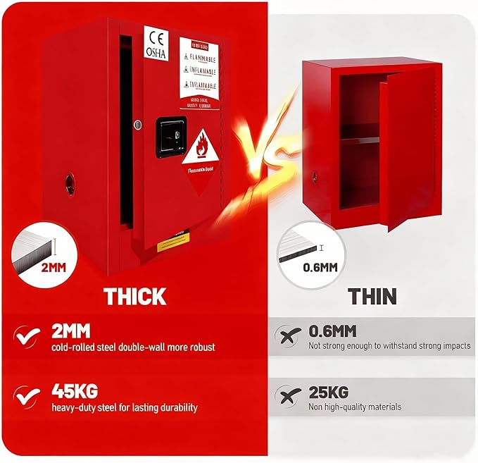 Flammable Storage Cabinet 16 Gallon Red, 18 Gauge Galvanized Steel Chemical Safety Cabinet, 3-Point Locking System & Adjustable Shelf for Warehouses, Industrial Use, Garage & Home