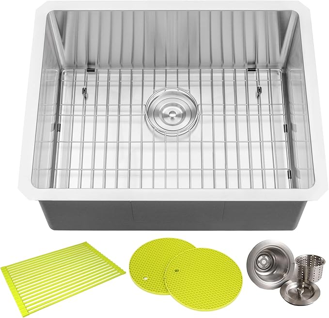 23 in. x 18 in. x 10 in. 16-Gauge Stainless Steel Undermount Single Bowl Kitchen Sink with Bottom Grid Set, Silicon Dishrack, Pot Mat and Strainer