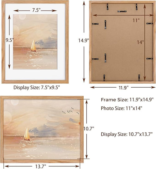 11x14 Picture Frames Set of 3, Light Wood 11 x 14 Frame for Wall, High-End Wood Oak Frame 11 by 14 with Tempered Glass, 11x14 Picture Frame Matted to 8x10, Rustic Frames 11x14 Inch, Oak Color