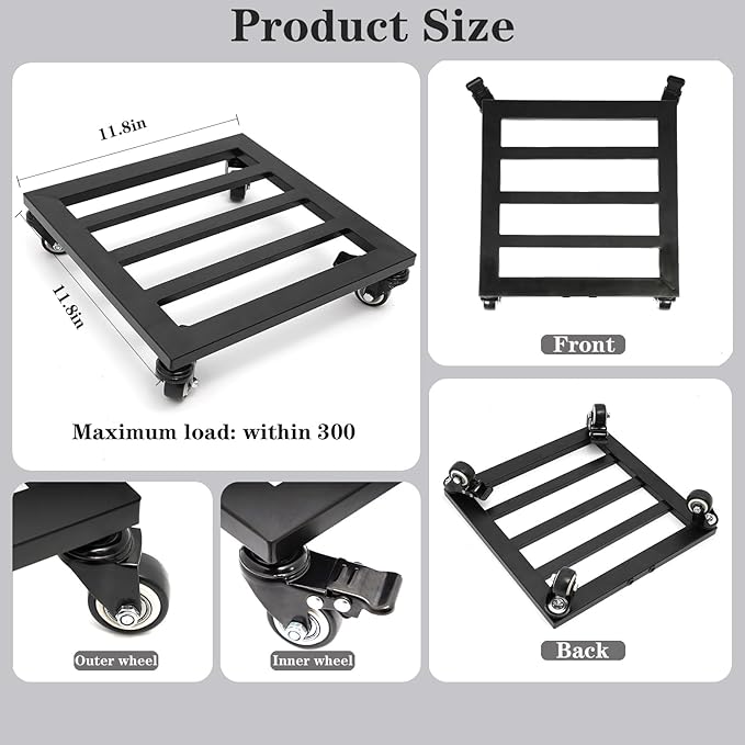 Heavy Duty Plant Caddy with Wheels 12Inch - 200lb Weight Capacity - Steel Rolling Plant Stand for Indoor and Outdoor Use - Lockable Wheels - Black