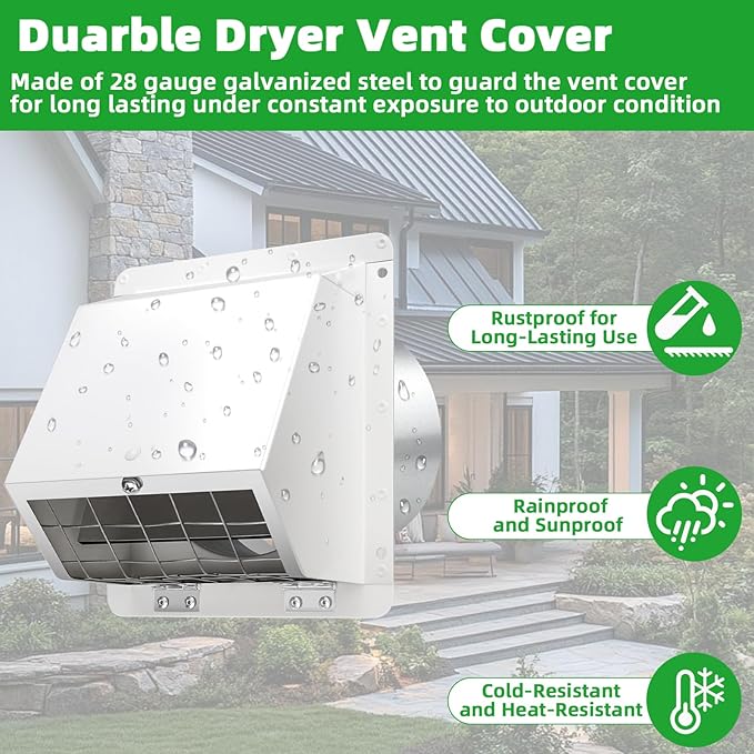 6 Inch Hooded Wall Vent with Screen and Damper,Dryer Vent Cover Outside Exhaust Vent Cover Cap,Wall Mount Extractor Vent Exterior Wall Vent Hood for House Range Hood Laundry Bathroom Fan Duct Air Vent