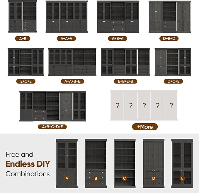 70.8" Tall Bookshelf with Doors, Farmhouse Modular Bookcase with 4-Tier Adjustable Shelves, Large Storage Cabinet for Home Office, Living Room, Black