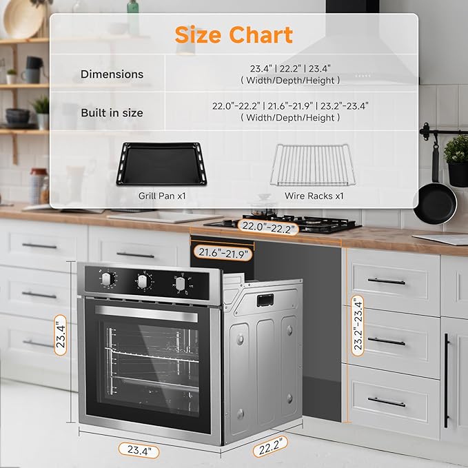 Wall Ovens 24 inch Electric, AMZCHEF 24 inch Wall Oven, 2200w Single Wall Oven with 6 Cooking Modes, 2.5 Cu.Ft. Electric Wall Oven, Convection Oven with Mechanical Knobs Control, Stainless Steel