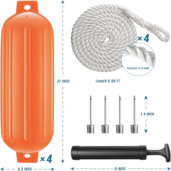 8.5 x 27 Inches Twin Eyes Ribbed Boat Fenders 4 Pack Boat Fenders Bumpers with Lines and Pump to Inflate for Docking
